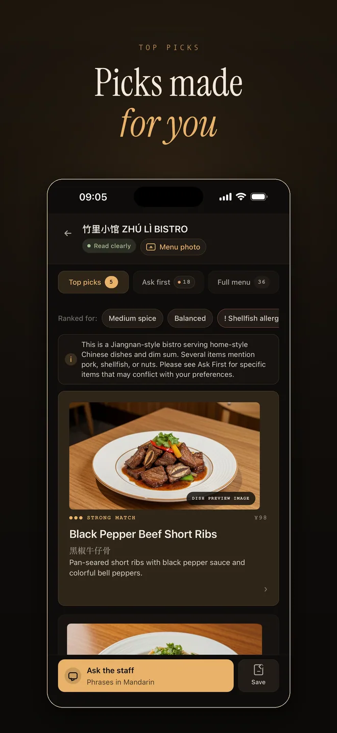 RelishCue top picks screenshot with recommended dishes