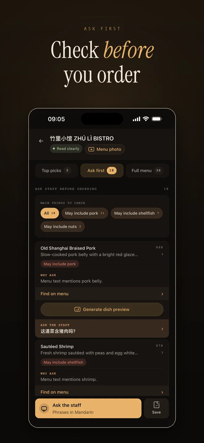 RelishCue check first screenshot showing dishes to confirm before ordering