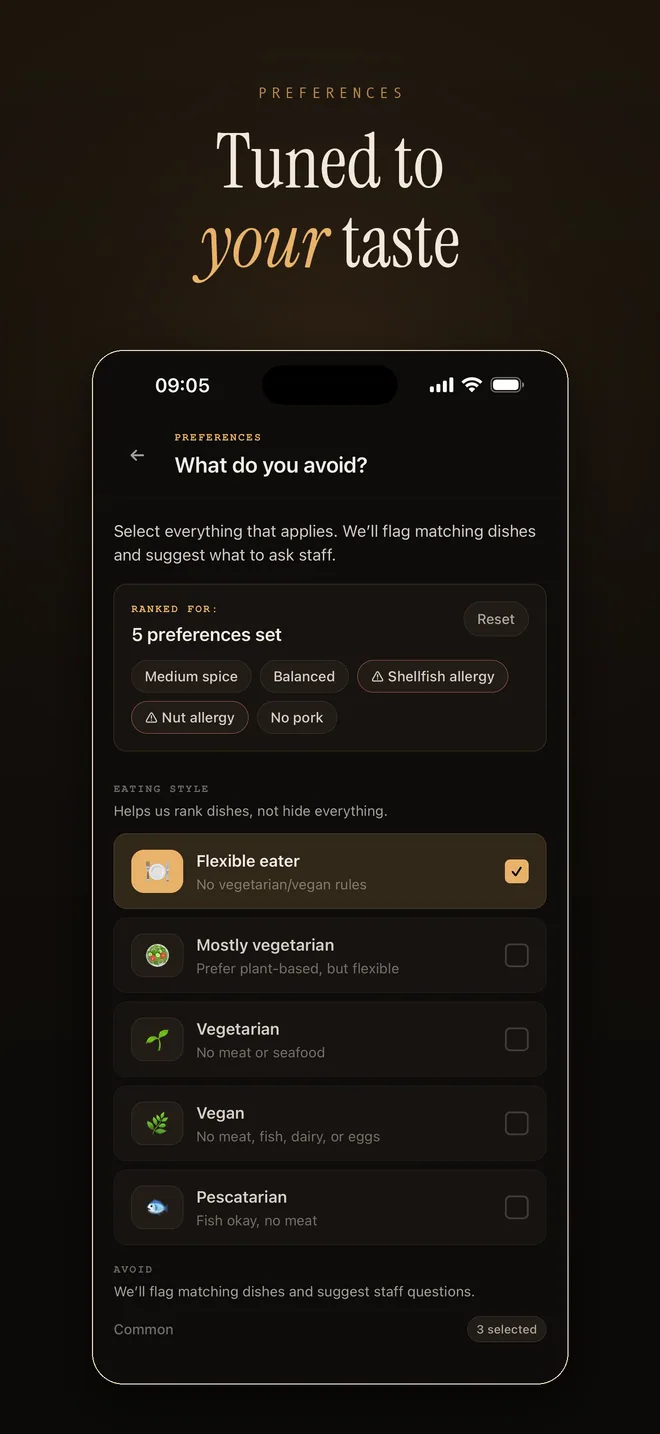 RelishCue preferences screenshot with taste and ingredient choices