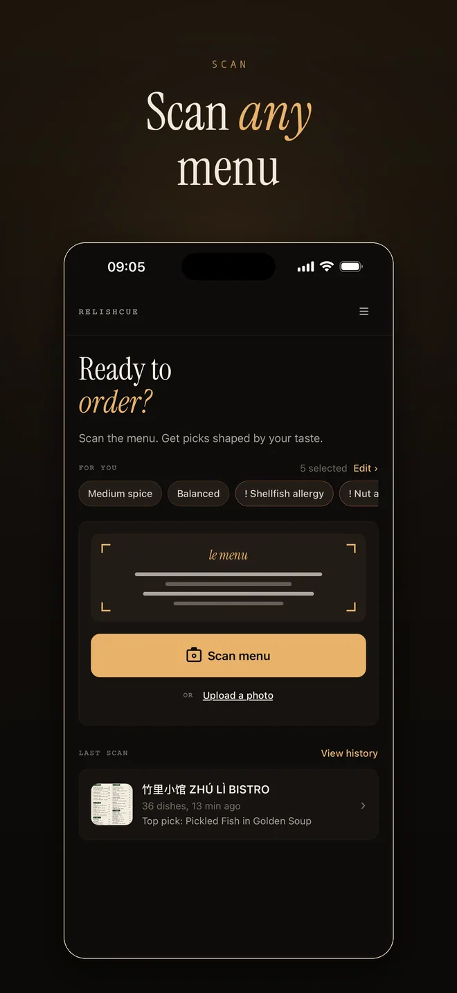 RelishCue home screenshot with scan menu and upload photo options