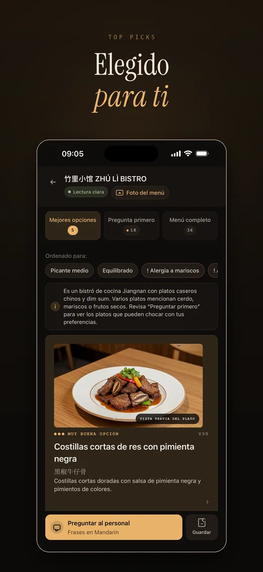 RelishCue top picks screenshot in Spanish