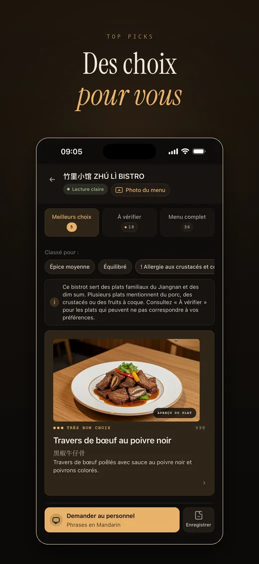 RelishCue top picks screenshot in French